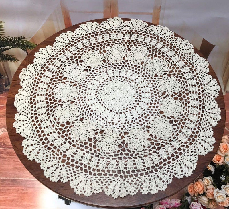 Damanni Beige Cotton Handmade Crochet Lace Tablecloth Doilies Table Overlay,Round,23 Inch,2PC - Image 1